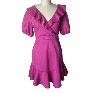 Fate Bright Pink Faux Suede Puff Sleeve Ruffle Dress Medium
